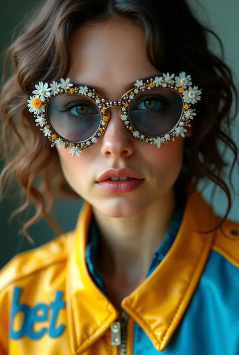 The woman is wearing glass sunglasses with flowers decorating. Yellow blue leather jacket with words "BET", realistic, macro shot, photorealistic, extremely 