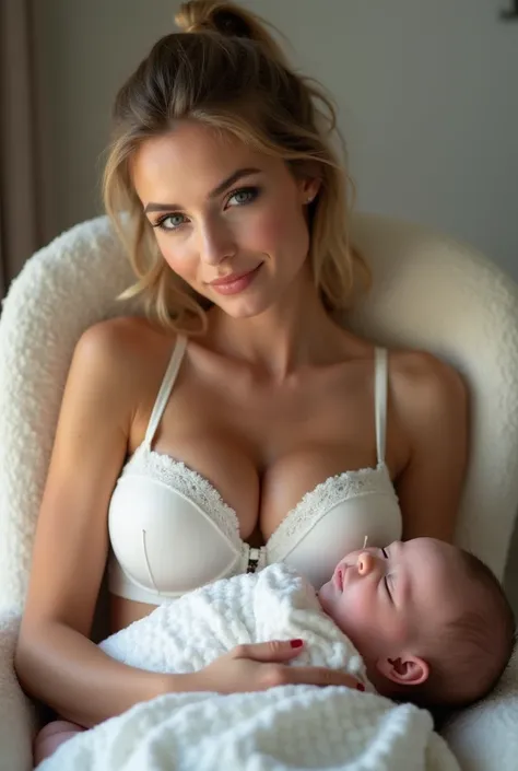 A sexy 30-year old mom looking at you loving and tranquil, with big eyes. She holds a sleeping baby in a rocking chair. She wears only a plastic white bra that accentuates her huge breasts. She has the ideal hourglass feminine body with oversized tits (sil...