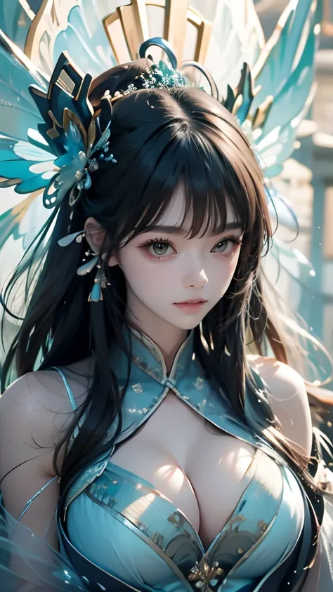 masterpiece, Ancient Tang Dynasty，myth， Mural  ，Tianguan Goddess ，Bangs, long hair, headgear, Big breasts，cleavage， Wearing Fairy Dress， high detail, quality,  watching people ，