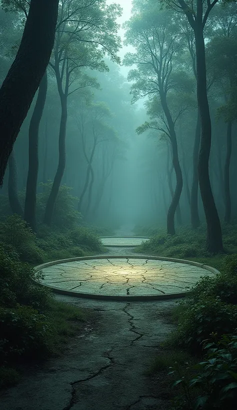 A barren, cracked circular patch of earth surrounded by dense forest. The circle is perfectly symmetrical, with no vegetation inside. The surrounding trees lean outward unnaturally, their branches twisted. The ground emits a faint, otherworldly glow, and t...