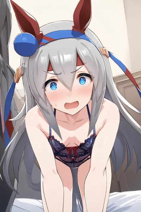 NSFW,masterpiece, top quality , High Definition , very detailed, tamamocross (Uma Musume)、Horse&#39;s ears、 ear covers、 horse tail、Gray Hair、 long hair、 hair bow、 hair between eyes、 blue eyes、 hair ornament、 headband, nightgies , lingerie, bedroom, surpris...