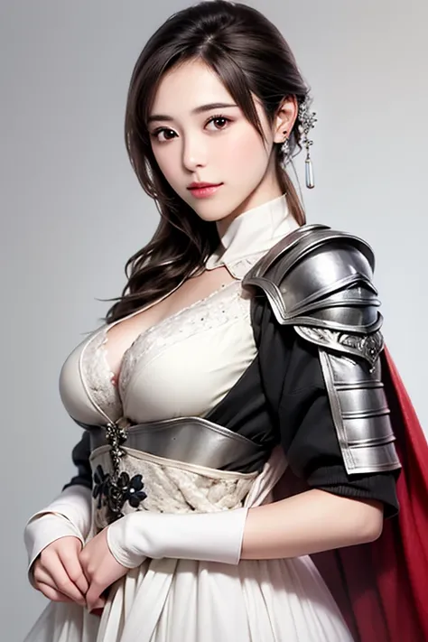 ((The upper body of a female warrior wearing silver and white armor and a cloak:1.3)),1 person,  black hair,  belly shortcut   ,Big breasts and cleavage,  high-definition face and skin texture  ,  staring at the camera,   Chinese Warrior:1.2,  perfect beau...