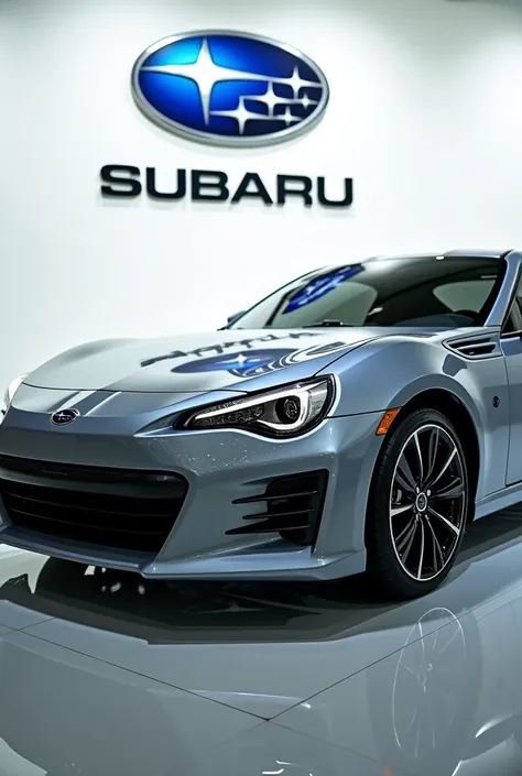 A full attractive hd photo 2025 Subaru 350 Gery color of exterior and white shiny showroom background logo on the wall. A car with front right side of vehicle 