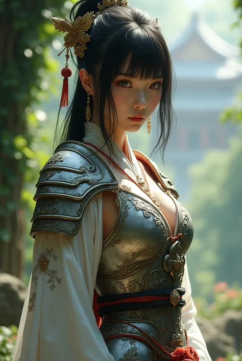  1 Japanese beauty ,  A full-body goddess wearing intricate armor who rules white dragons 、Temple Background、（ photorealistic with ivy entwined:1.4）、 perfect anatomy、Glowing Skin、 black hair、 BOB CUT HAIR、 with straight eyebrows and bangs 、A nicely aligned...