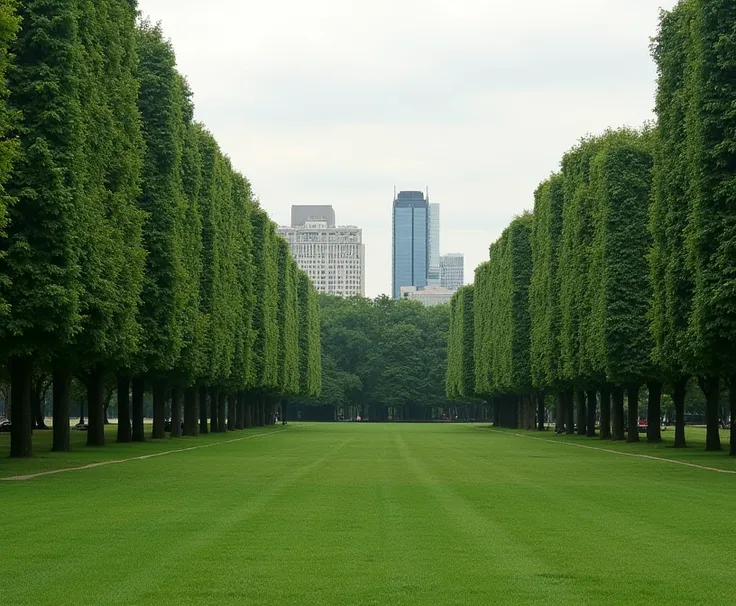 a park with lots of trees at noon with buildings in the background and a little overcast, realistic, no people