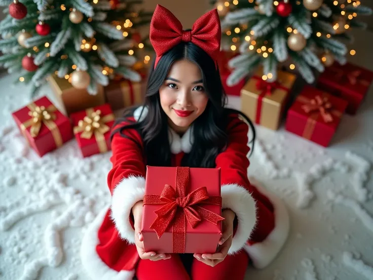 
Prompt : [Subject]: Young woman with long, black hair styled in soft waves, wearing a modern Santa-inspired outfit, sitting on a snowy ground while holding a large, wrapped gift box with both hands extended toward the camera.
[Details]: She wears a bigini...