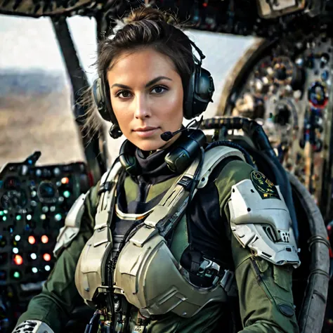 Highly detailed photo of a Women, SF soldier, 30yo, (Mech warrior of women mercenary, (body armor on bodysuit)), sitting like a queen, Stately and dignified, Very dissatisfied look, (headset, Powerful and beautiful eyes, 8K Ultra HD, Original photo, Model ...