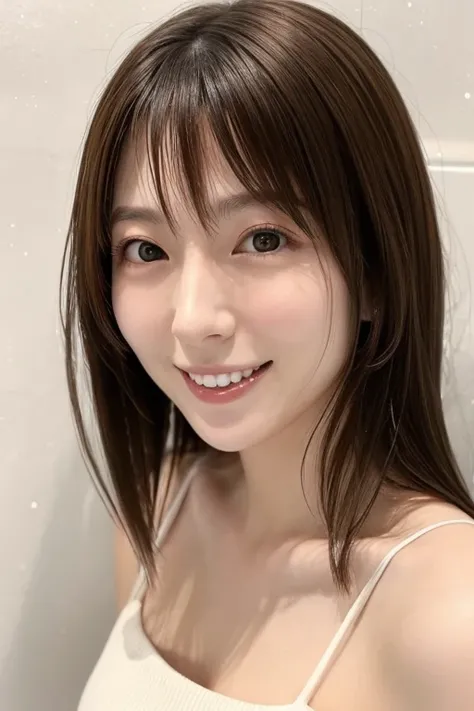  mature girlfriend 、 face forward、 close-up face、 clear 、virgin、28 years old、 wavy shoulder length hair 、Double teeth、 bright 、 Japanese 、Completely naked、 realistic feel