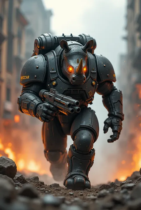 A humanoid rhino in reinforced heavy armor with glowing tech lines, wielding a shoulder-mounted rocket launcher and a massive spiked shield. The figure charges through enemy lines.
Background: A rugged urban warzone with crumbling buildings and raging fire...