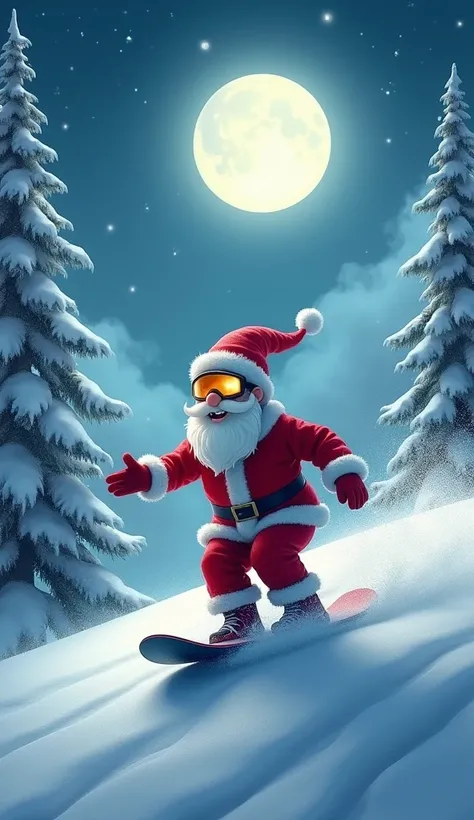 It snows 、Santa Claus wearing goggles is snowboarding in the moonlight。