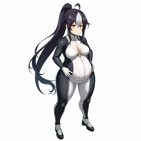 anime girl, long hair, big pregnant belly girl,hyper-pregnant girl ,  anime style, high resolution, big breasts, hyper-pregnant girl with a big belly, half black, half white hair, yellow eyes, smile, big pregnant belly, big hyper-pregnant belly, hyper-larg...