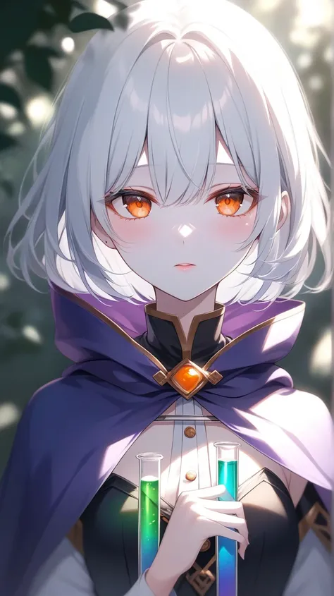  dark、Corrosive、 colorful 、 Gorgeous Light and Shadow 、whole body、 The girl&#39;s white skin、Mouth is moody、( orange eyes) eyes with blood in test tubes are blurry and dreamy。Dappled Light and Shadow, portrait,White Hair, Purple Cape、Blushing、