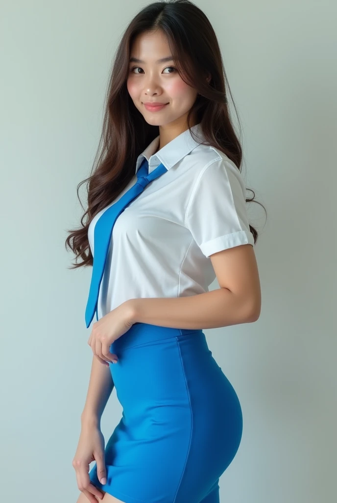 a beautiful Indonesian girl (20 years old, full body, long hair) wearing white school uniform (very very very super realistic, look from back) with long super pencil-skirt style (bright blue colour, with juicy bottoms)