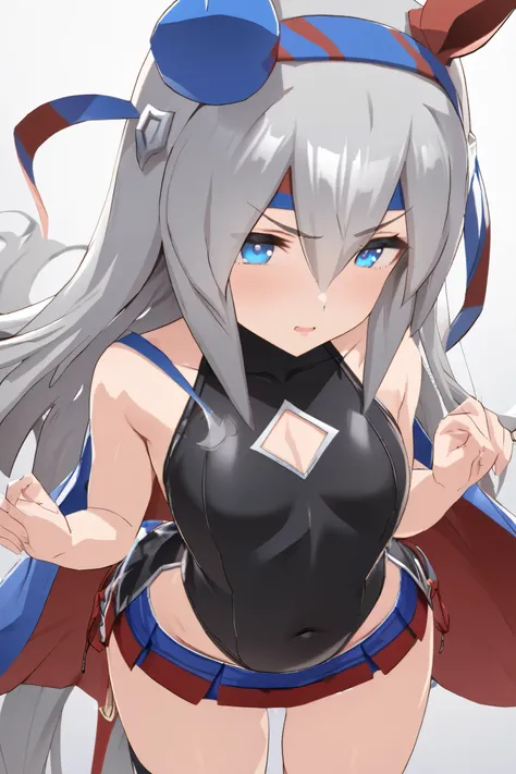 NSFW,masterpiece, top quality , High Definition , very detailed, tamamocross (Uma Musume)、Horse&#39;s ears、 ear covers、 horse tail、Gray Hair、 long hair、 hair bow、 hair between eyes、 blue eyes、 hair ornament、 headband, leotards, sleeveless, micro miniskirt,...