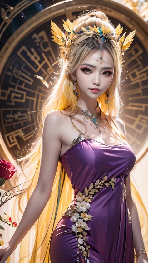 1 20 year old Asian girl, 1 goddess Athena, pink purple silk dress, beautiful goddess Athena face without blemishes, delicate yellow nightgown, long thin sequin nightgown with many sexy black lace details, female saint legend, female saint icon, beautiful ...