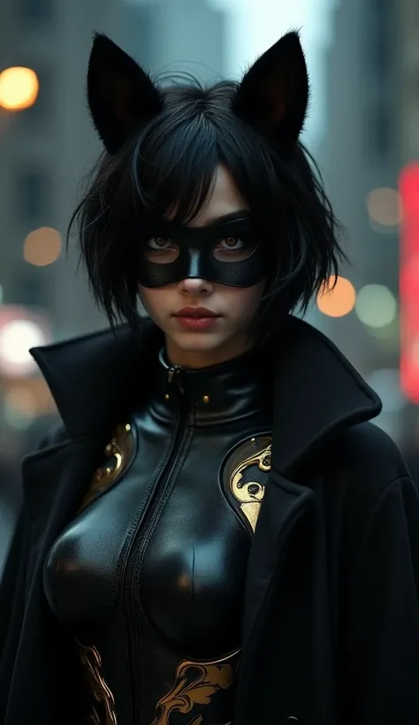 (( maximum detail )), ((Good quality)), (( the best )), (( 4K )), (( Ultra HD )), Young woman, short black hair, black overcoat,  Black Gold Plated Tight Bodysuit, Black mask, Black Cat Ears , black eye, nighttime,  Tamil Black Armor  , Gods Ring 