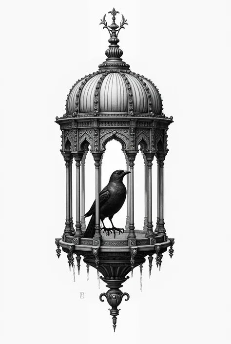 a white drawing of a bird cage with a bird inside, an engraving inspired by Kamāl ud-Dīn Behzād, cg society, academic art, shirt design, emblem of wisdom, tshirt design, coherent hands, black and white logo, temple background, high detailed official artwor...