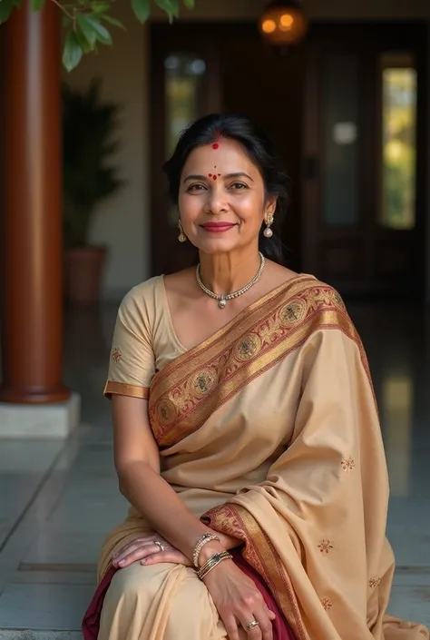 A gorgeous, middle-aged Indian woman with timeless beauty, exuding an aura of grace and elegance. She is dressed in a sophisticated, professional saree that enhances her dignified presence. The woman is sitting on a stone wall outside of a house with a pat...