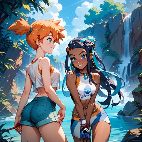 highly detailed,(duo focus), highres, best friends, 2woman, BREAK, 1woman, misty, misty_pokemon, misty pokemon, orange hair, BREAK, 1woman, nessa pokemon, dark-skinned_female, smiling,