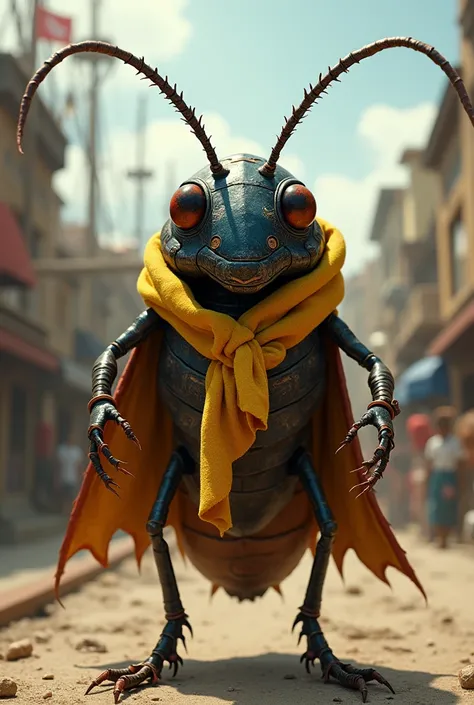 Milton the cockroach , in a version of Captain Jack Sparrow with the head of a cockroach and the face of a cockroach. And a yellow scarf wrapped around the waist 