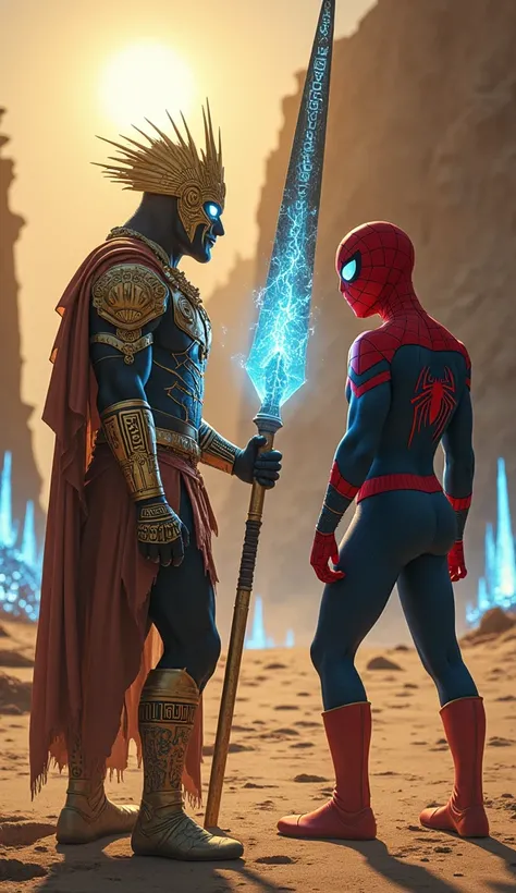 Here’s a modified prompt featuring **Spider-Man and the Azrac Warrior in a face-to-face standoff**:  

"In a mystical desert battlefield under a glowing orange and purple twilight, Spider-Man and the Azrac Warrior stand face-to-face, poised for a tense and...