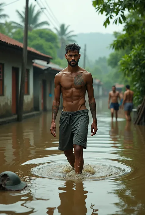 নেইমার একটি গ্রামের মধ্যে দিয়ে হেঁটে হেঁটে যাচ্ছে যে গ্রামে বন্যা হয়েছে জল হাটু অব