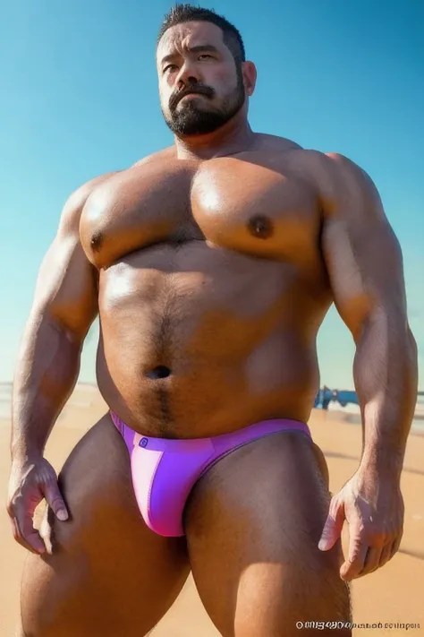 A chubby musclebear man, Japanese, (7 daddy:1.1), 1 man, Solo, ( Hes wearing a micro light purple thong), (big shoulders), musculature, strong physique, hairy, chubby and stout, stubbles, (Detailed body), realistic eyes, glasses, deadpan, looking at viewer...