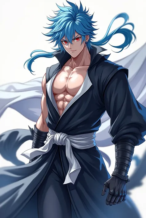 A male anime character with blue and half white hair and red eyes wears black and white dirhams and carries a sword and a very strong body. I want all his body in the picture in 8k resolution