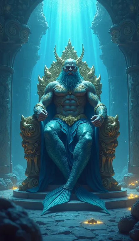 A scene of  humanoid god, whose lower body part is fish but uper part is humanoid, humanoid part is lord god, very agressive expression, scene of  under the ocean, the god sitting in the kingdom , kingdom is like" Aquaman movie scene",in anime Pixar glowin...