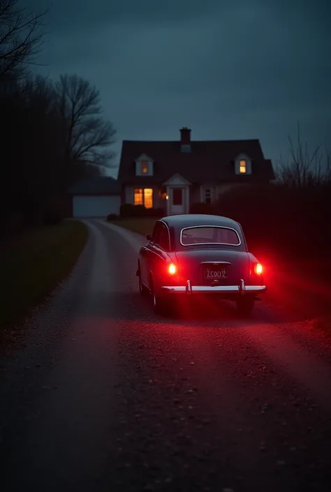 "A side view of the vintage car driving away from the house on a gravel driveway. The car’s red tail lights glow brightly, leaving faint reflections on the gravel. The house is in the background, now small and fading into the surrounding darkness. The nigh...