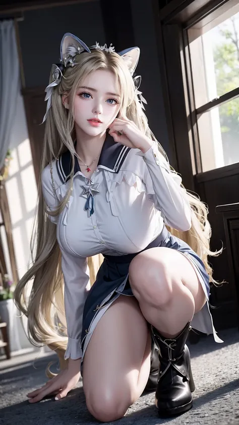 （ very delicate and beautiful：1.2）Supermodel,,huge mature saggy big  , Beautiful Saggy Breasts ,Voluptuous,【 bike shorts 】,,【 3 girls 】,, top quality,  high resolution , 8K,mini skirt, dark blue ruffle sailor suit,Blonde twin tails, Lolita Style ,Bandage o...