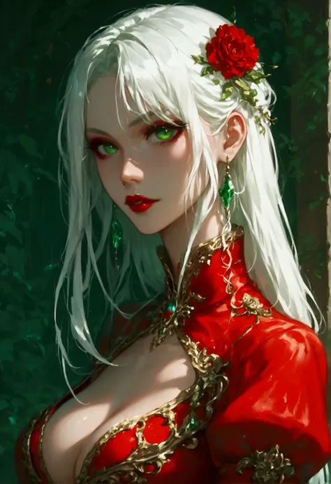 score_9, score_8_up, score_7_up, score_6_up, score_5_up, score_4_up, Arafed, a portrait of an vampire woman, exotic beauty, long hair, white hair, (emerald green eyes), dark red lips, glamour shot, she wears an (red: 1.3) elegant suit, (green cloak: 1.3), ...