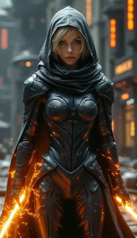 A female templar in black armor, blond short hair and blue eyes and hood, holding a orange energy sword, close-up, in the style of Unreal Engine, cinematic lighting, blurry scifi background. 