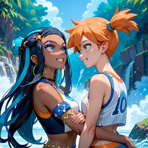 highly detailed,(duo focus), highres, best friends, 2woman, BREAK, 1woman, misty, misty_pokemon, misty pokemon, orange hair, side ponytail, BREAK, 1woman, nessa pokemon, dark-skinned_female, smiling,