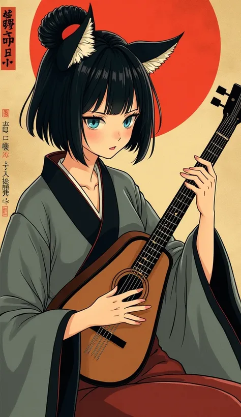 This is a beautiful ukiyo-e style illustration set in Edo during the Warring States period in Japan. A cat girl dressed in a ninja costume, which was active during the Warring States period in Japan, is playing the shamisen. The womans expression is calm, ...