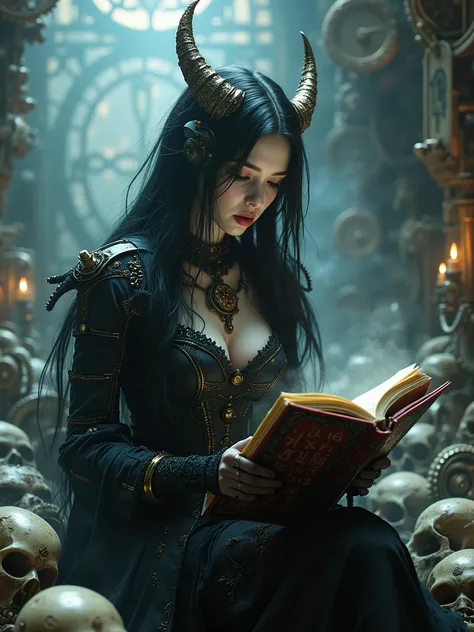 ((Cyborg goth lady very adorable - sitting on skulls and read boo,the book with metal  frame and runes)),  ((girl have one strange cyber-eye)),  (around many cybernetic gears and smoke), good quality, detailed, masterpiece, best quality