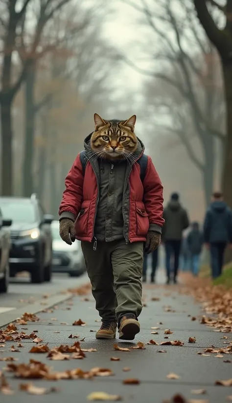 Newspaper photo(realistic big fat cat walking arround central park) chill out, feeling adolescent, at central park side, color photo) zombie style