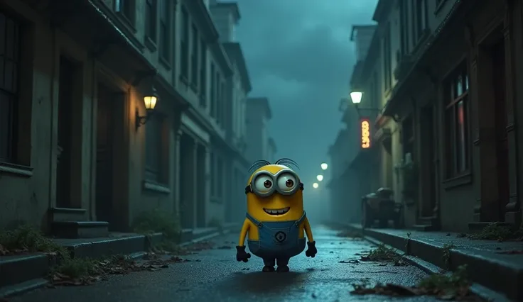 A yellow minion having two eye walking in creepy night street 