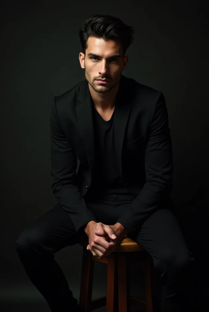 a young man sitting on a round wooden bar stool chair , he has dark hair, and sharp facial features. He has an intense and brooding expression, He is dressed in a dark outfit, adding to his polished and sophisticated appearance. The lighting highlights his...