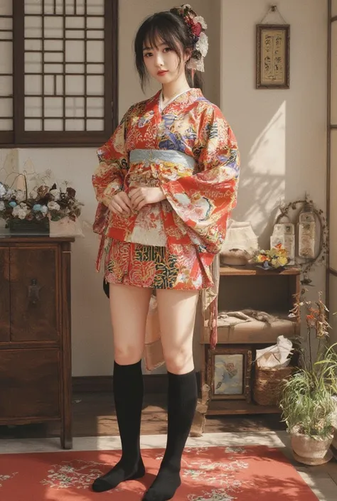 girl wearing yukata and black knee-high socks