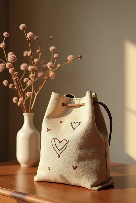  a jute bag with embroidery on ot the small hearts embroidery on it inside of the home placed on a table with an aesthetic vase set aside