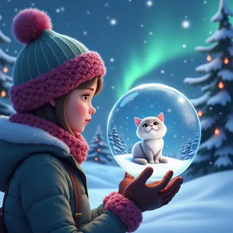  Close-up of a crystal ball with a visible cat Snow , Northern Lights and snowy mountains , Reindeer Christmas Trees  , New Year&#39; garlands ,   Very beautiful The girl looks at her hands and looks into the crystal ball  ,   A girl wearing a hat with a h...