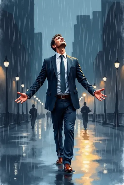 watercolor painting of a man in suit in the rain. full body shot of the man who is soaked under the rain. he tilts his head up to face the rain, the rainwater flows down his face. he is walking in the street, holding his hands out to feel the rain. waterco...