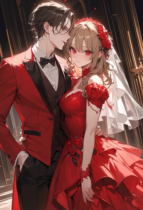 ( masterpieces ,  high resolution ,  Best Quality ),Vampire couples get married, Transparent looking woman with cute round eyes, red eyes, light brown hair, wearing a red wedding dress,Cool looking man with red eyes wearing red black suit 