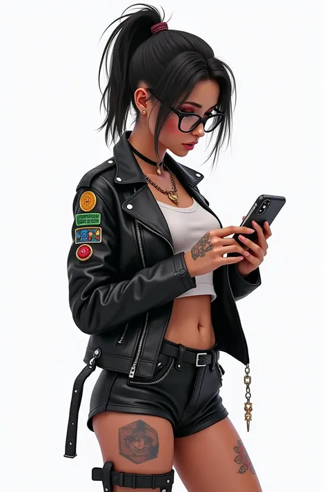 Young woman (age:1.1, ethnicity:1.2),  profile view,  looking downward at smartphone (detailed phone screen:1.1),  with a stylized cyberpunk fashion,  (detailed clothing:1.2), (accessories:1.1).  She is wearing  black leather jacket with colorful embroider...