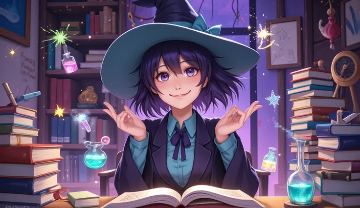 A whimsical fantasy scene featuring a mischievous witch in a magical study room. The witch has a playful and cheeky expression, surrounded by floating books, glowing potions, and enchanted objects in mid-air. The room is cozy but chaotic, with quirky and s...