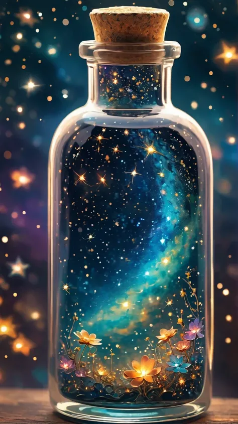 
 Closeup of a Glass Bottle , Starry sky in a bottle,  miniature cosmos , Twinkling Stars,  colorful nebula, galaxy, Space dust, Glass Reflection, Surface Distortion, Background starry sky, In comparison, Depth,  magic , Ethereal Light,  ULTRA DETAIL, Dark...