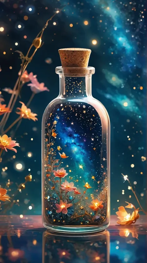 
 Closeup of a Glass Bottle , Starry sky in a bottle,  miniature cosmos , Twinkling Stars,  colorful nebula, galaxy, Space dust, Glass Reflection, Surface Distortion, Background starry sky, In comparison, Depth,  magic , Ethereal Light,  ULTRA DETAIL, Dark...