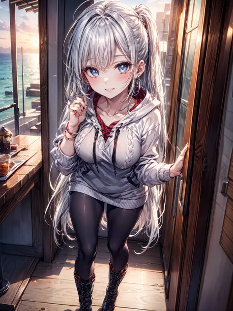 ((hoodie sweater and lace-up boots theme:1.4)), ((seaside cafe at sunset:1.3)), (slim:1.4), ((medium breast:1.3)), necklace, earring, bracelet, (the best smile:1.5), ((Random hair style)), break, ((relax pose)), focus face, (ecstasy face:1.3), (natural ski...