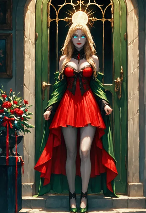 score_9, score_8_up, score_7_up, score_6_up, score_5_up, score_4_up, a picture of vampire standing in the front of her home holding a (blood: 1.3) dripping (gift box: 1.5), an exquisite beautiful female vampire in her front door of her home, full body (ult...